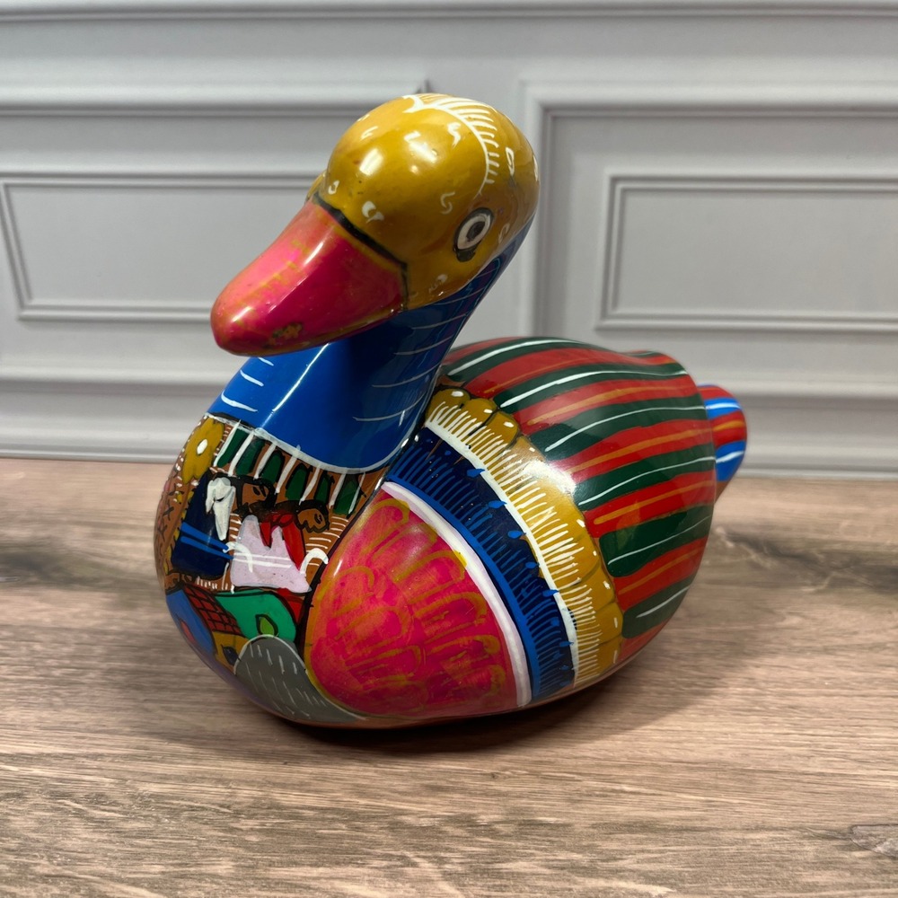 Hand Painted Terracotta Duck Figurine Mexican Folk Art Colorful Home Decor